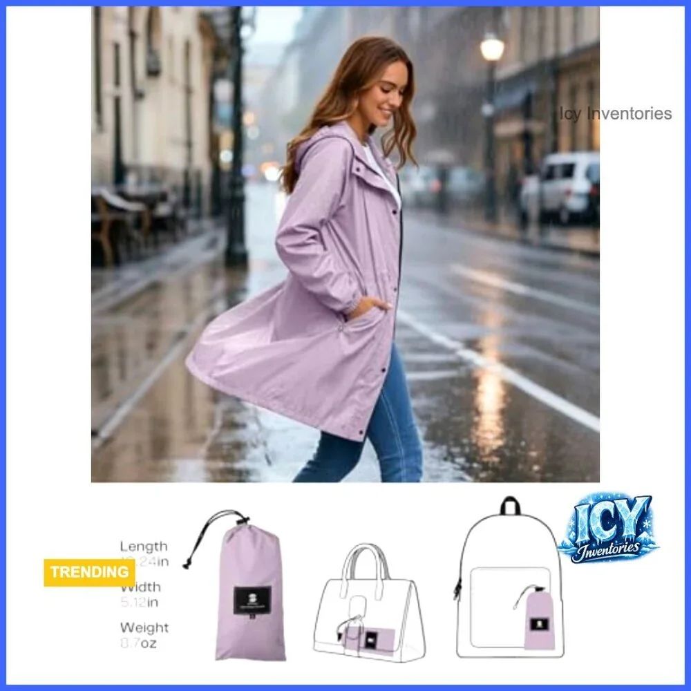 Lightweight Packable Rain Jacket Hooded Trench Coat Polyester
